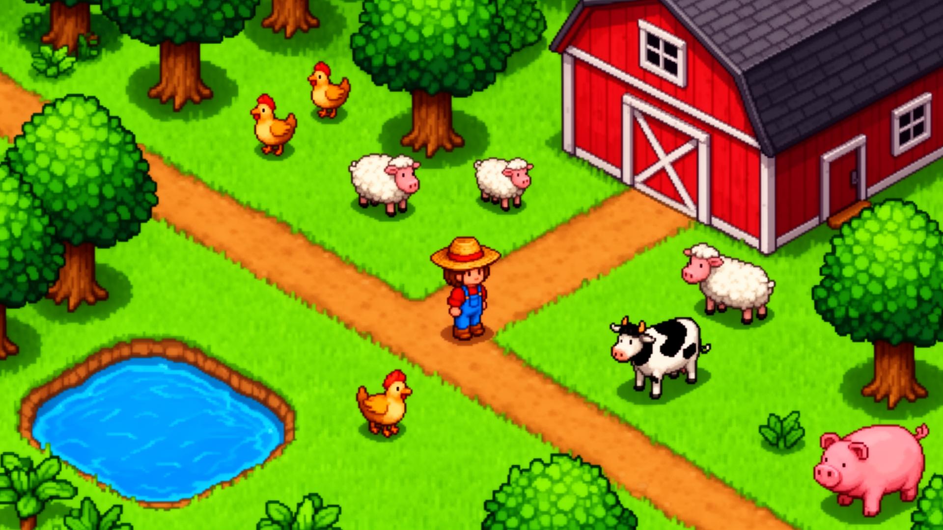 Pixel art farm with barn, animals and farmer